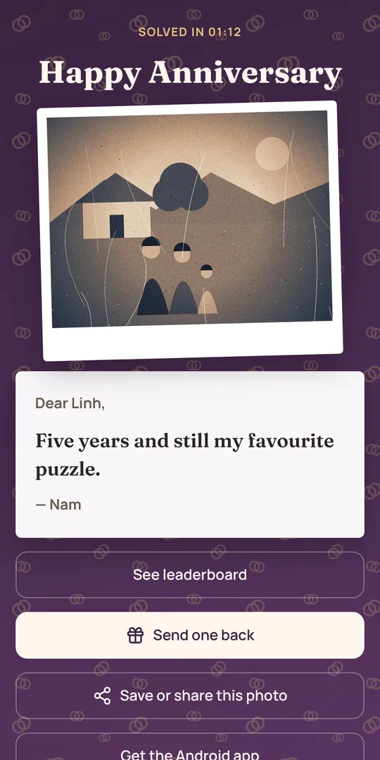 The hidden note shown after the puzzle is solved